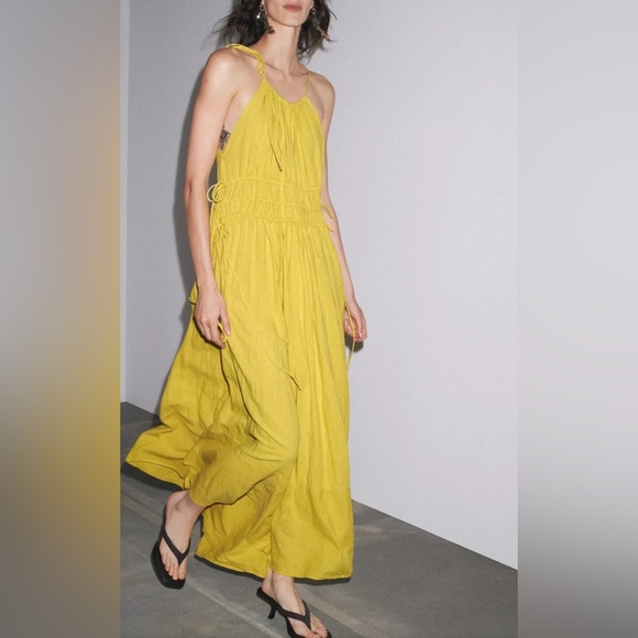 zara linen dress yellow Zara - Draped Halter Midi Dress With Open Back - Yellow - Xs
